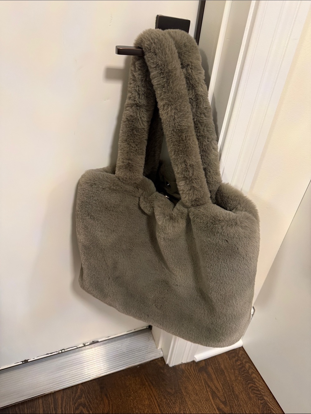 H&M Plush Faux Fur Tote in Taupe Gray